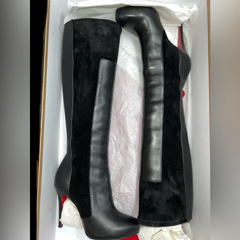 Christian Louboutin black leather and suede knee high boots - Picture 5 of 15